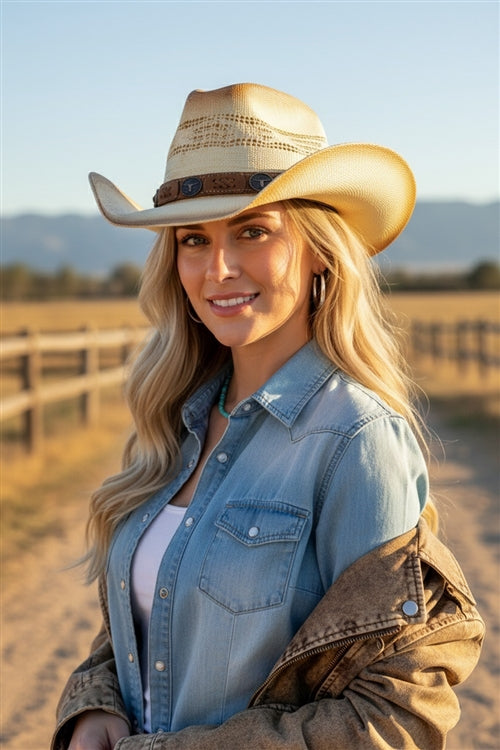 Aged Look, Straw Cowboy Hat With Suede Stitched Details And Steer Head Conchos