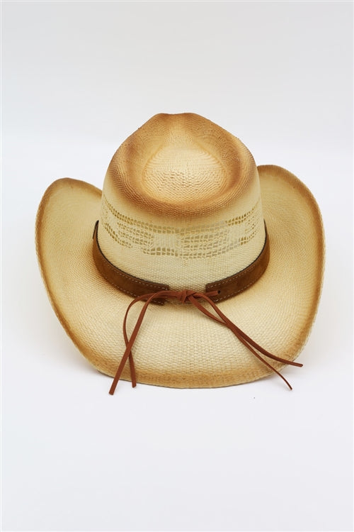 Aged Look, Straw Cowboy Hat With Suede Stitched Details And Steer Head Conchos