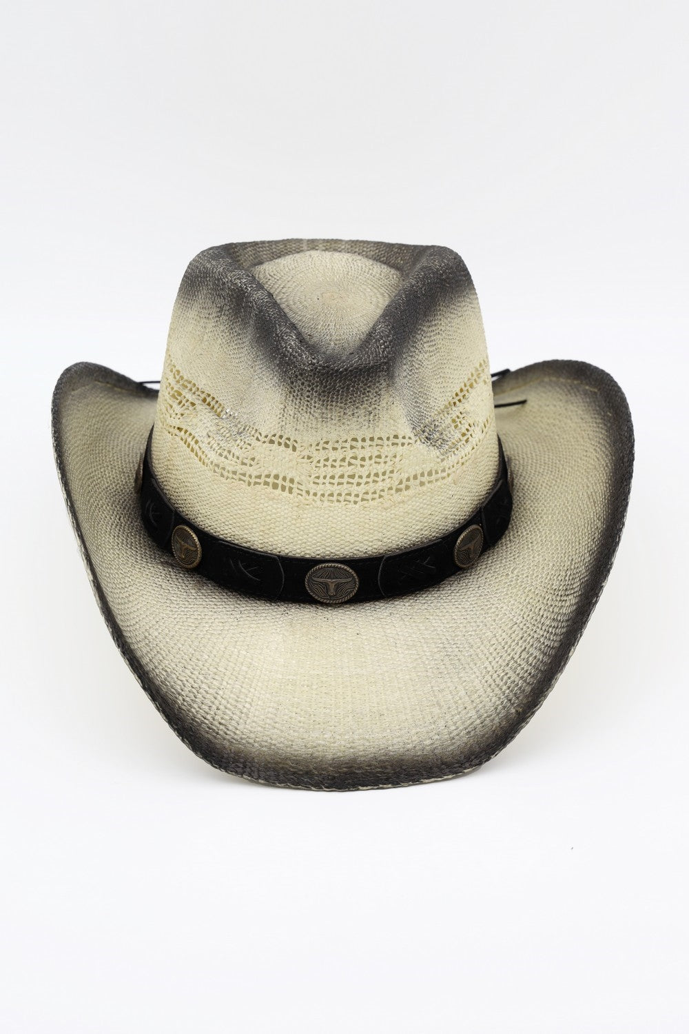 Aged Look, Straw Cowboy Hat With Suede Stitched Details And Steer Head Conchos