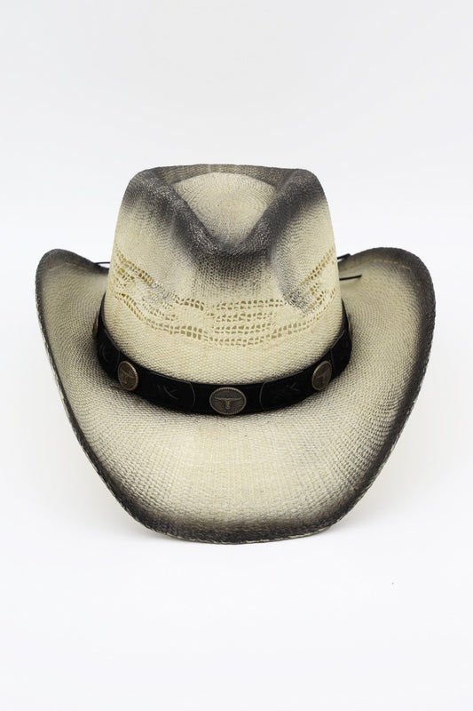 Aged Look, Straw Cowboy Hat With Suede Stitched Details And Steer Head Conchos