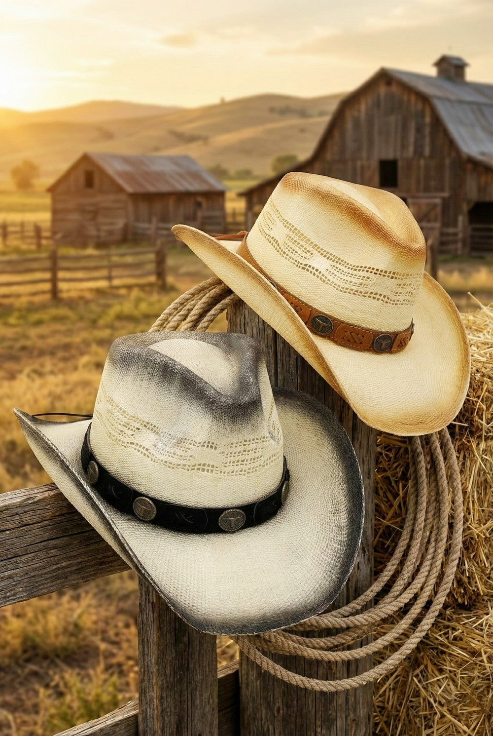 Aged Look, Straw Cowboy Hat With Suede Stitched Details And Steer Head Conchos