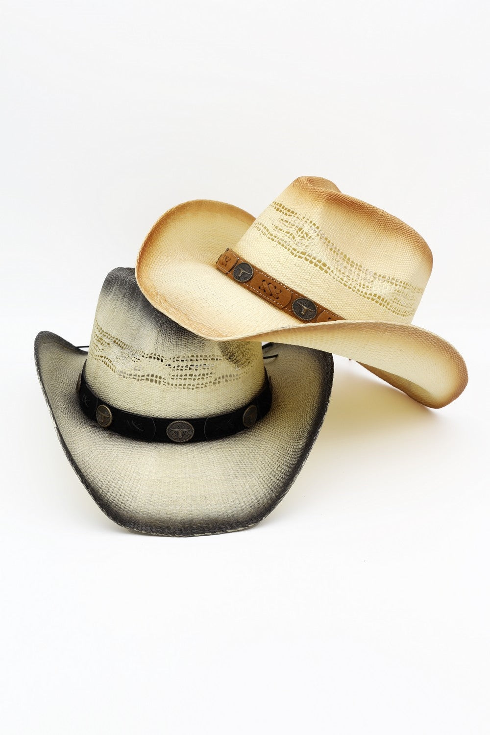 Aged Look, Straw Cowboy Hat With Suede Stitched Details And Steer Head Conchos
