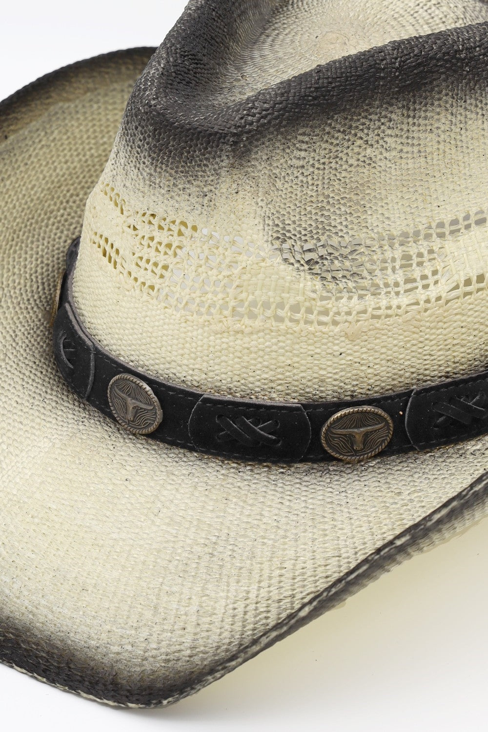 Aged Look, Straw Cowboy Hat With Suede Stitched Details And Steer Head Conchos