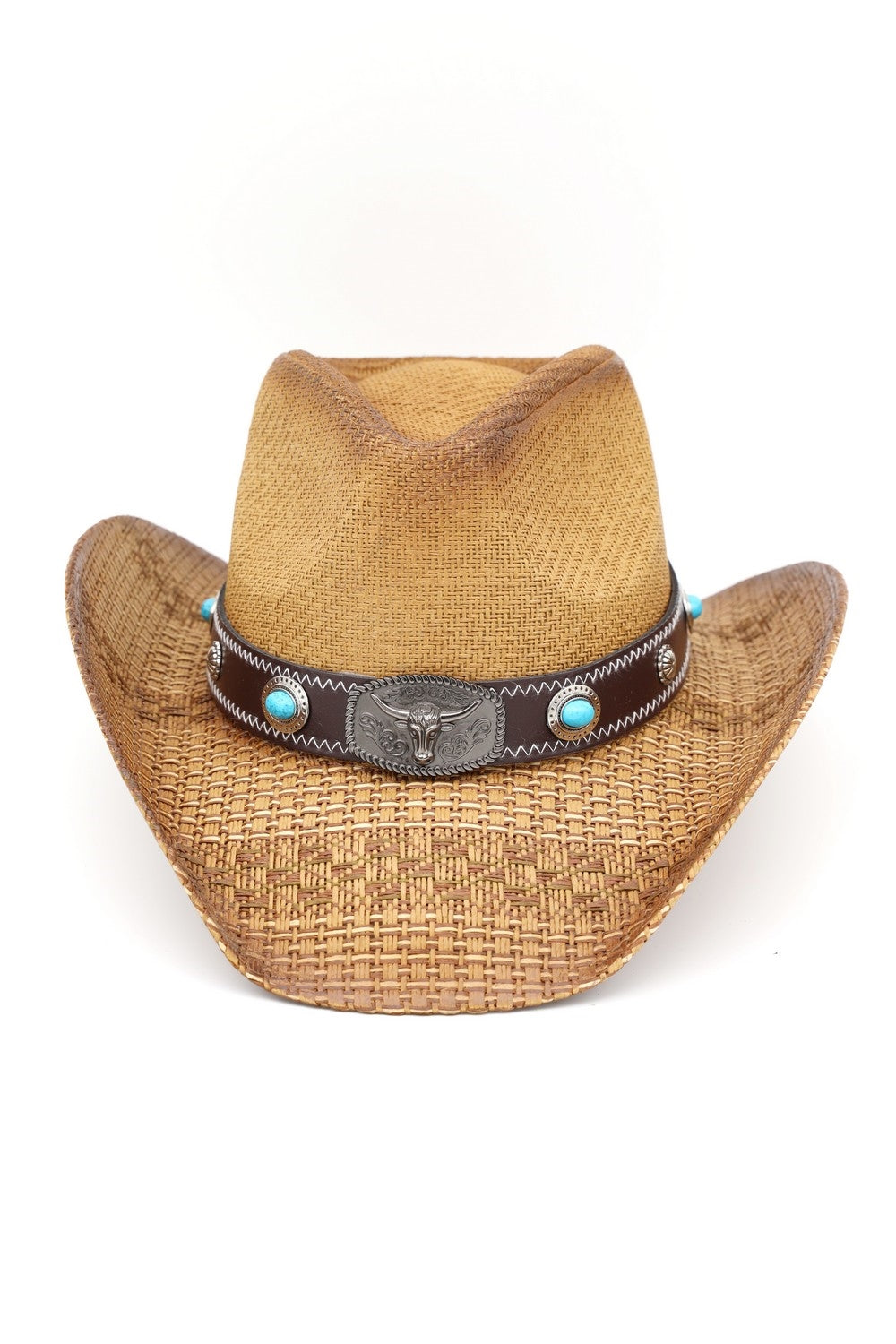 Western Straw Cowboy Hat With Turquoise Stone Concho And Bull Emblem Buckle Band
