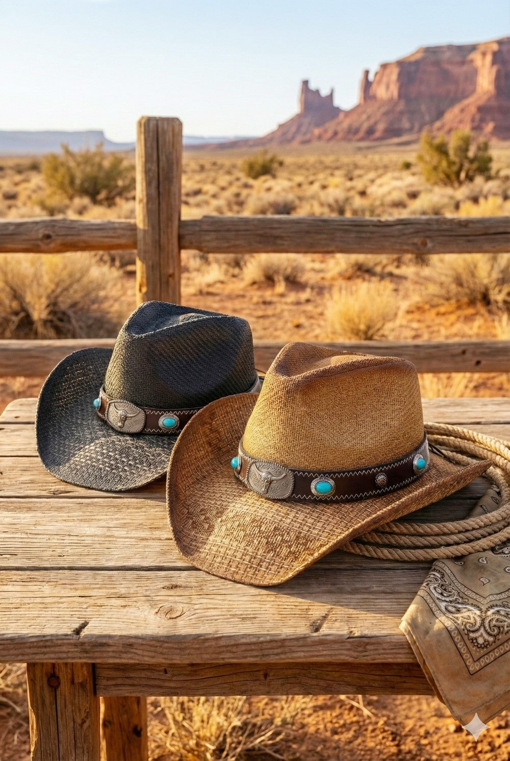 Western Straw Cowboy Hat With Turquoise Stone Concho And Bull Emblem Buckle Band