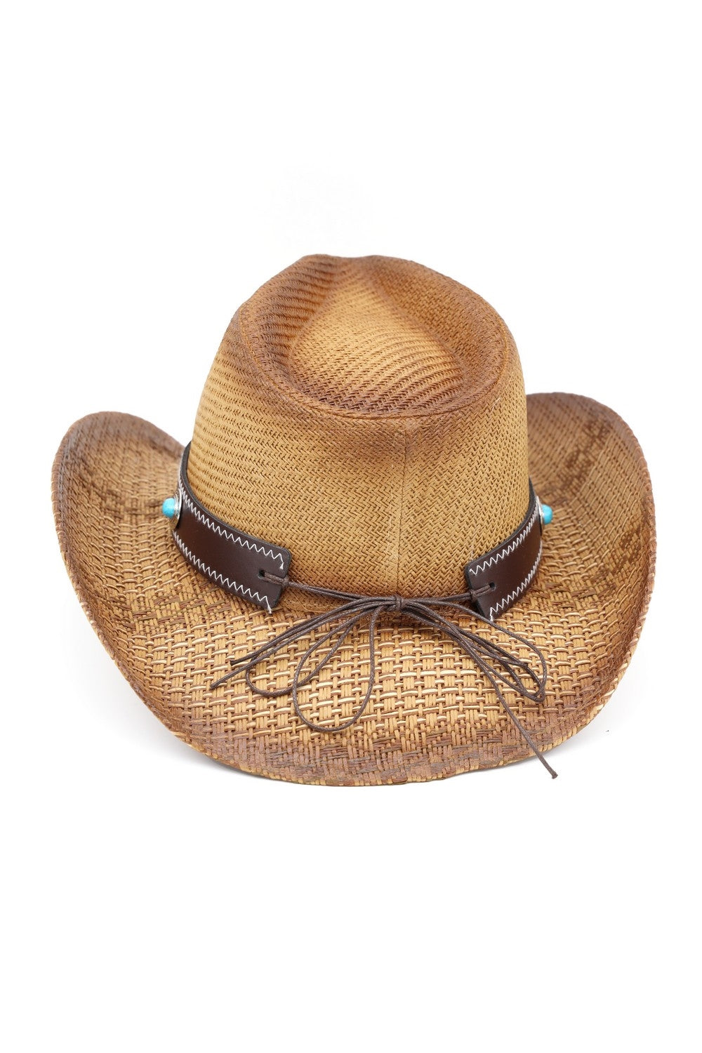 Western Straw Cowboy Hat With Turquoise Stone Concho And Bull Emblem Buckle Band