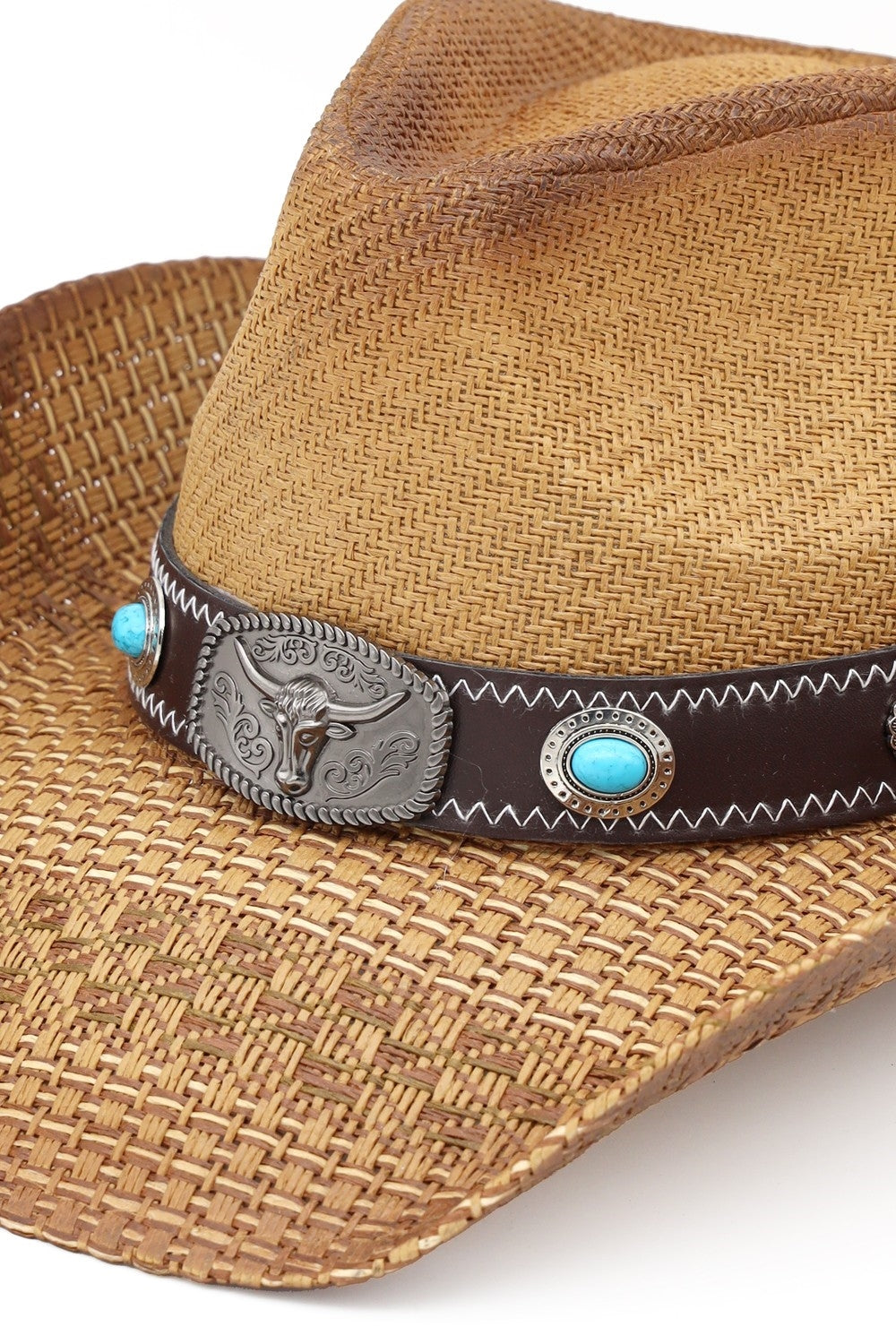 Western Straw Cowboy Hat With Turquoise Stone Concho And Bull Emblem Buckle Band