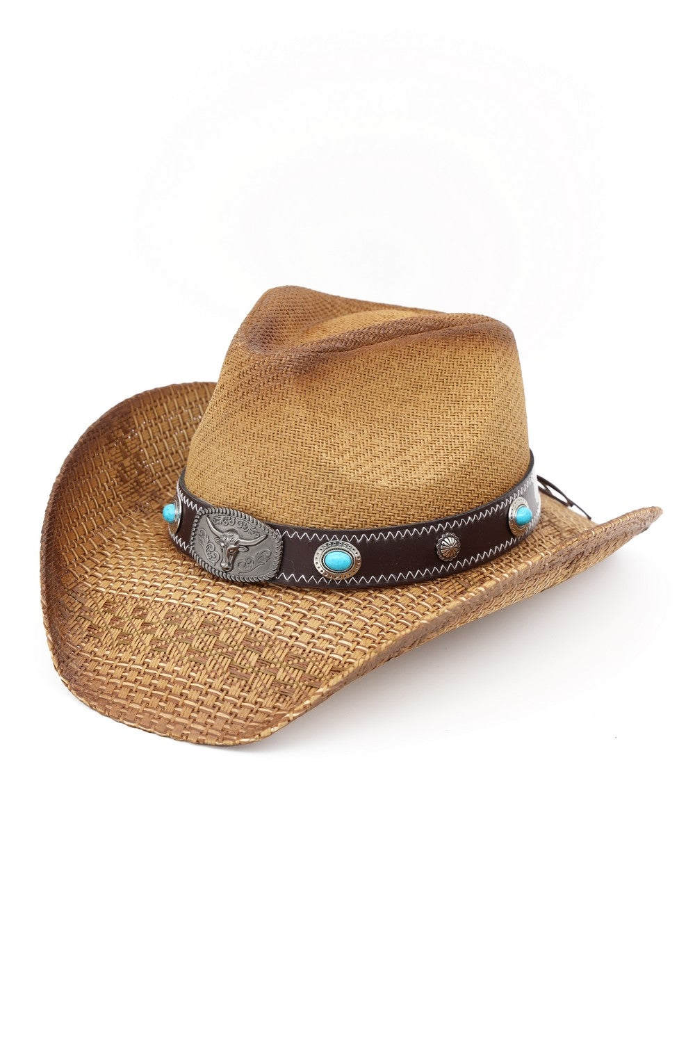 Western Straw Cowboy Hat With Turquoise Stone Concho And Bull Emblem Buckle Band