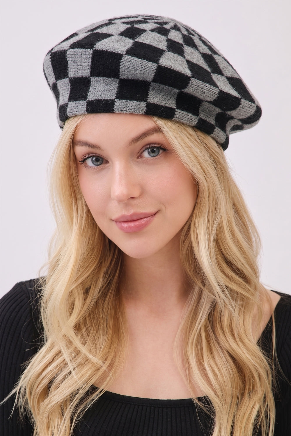 Geometric Checkered Knit Beret