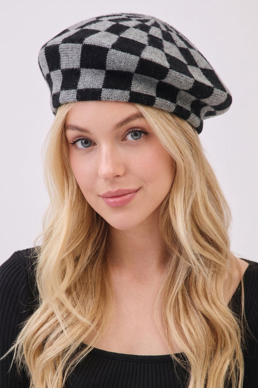 Geometric Checkered Knit Beret