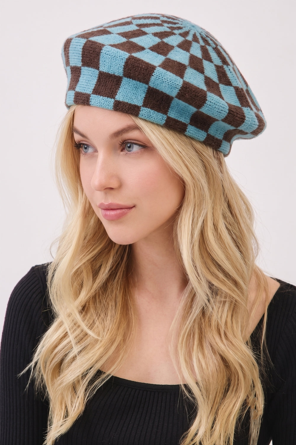 Geometric Checkered Knit Beret