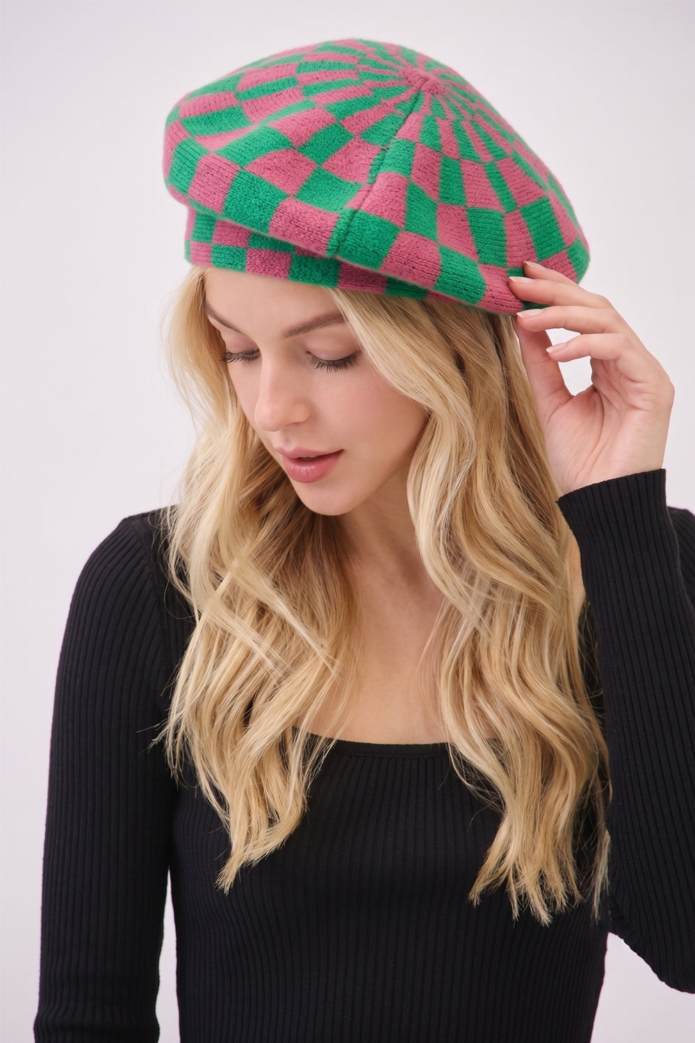 Geometric Checkered Knit Beret