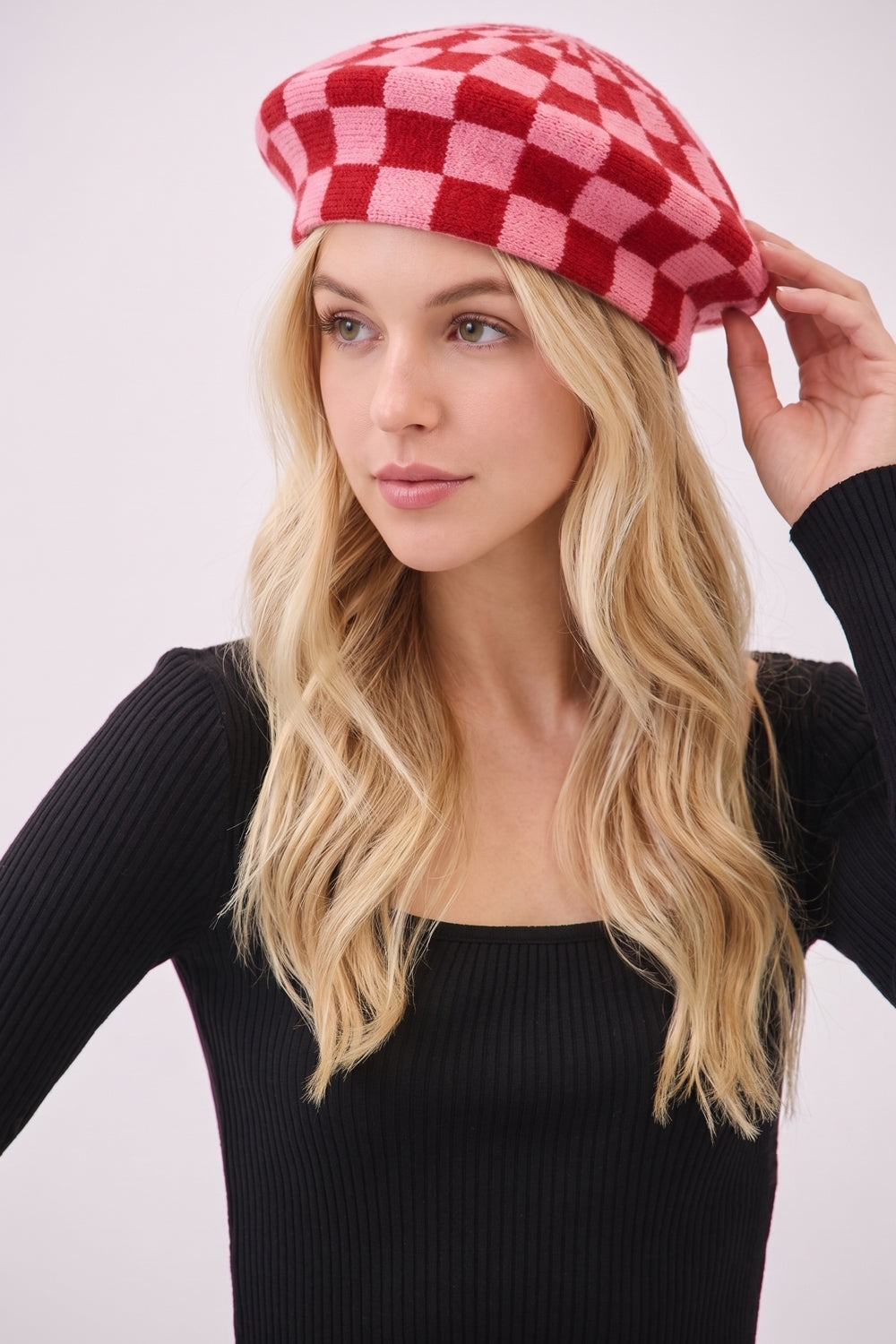 Geometric Checkered Knit Beret