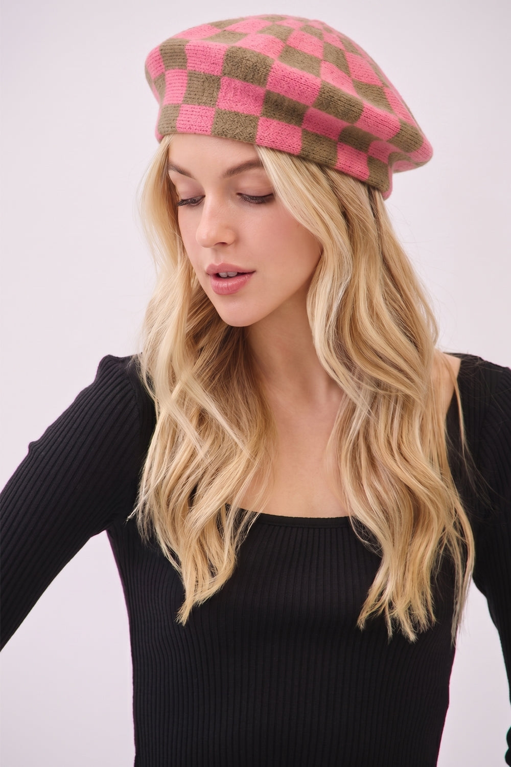 Geometric Checkered Knit Beret