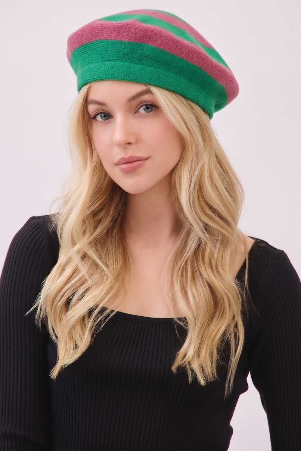White Stripped Knit Beret