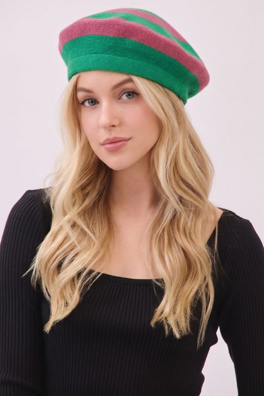 White Stripped Knit Beret
