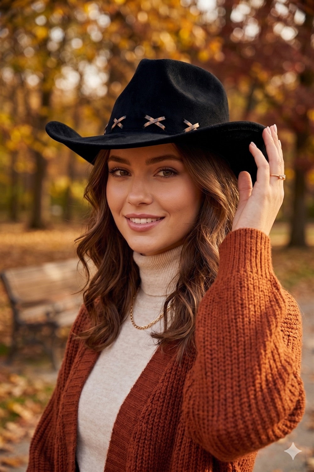 Faux Suede Cowboy Hat With Leopard Stitching