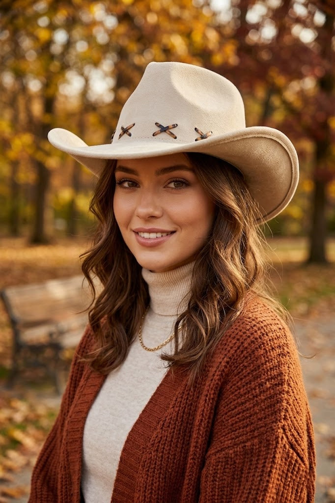 Faux Suede Cowboy Hat With Leopard Stitching