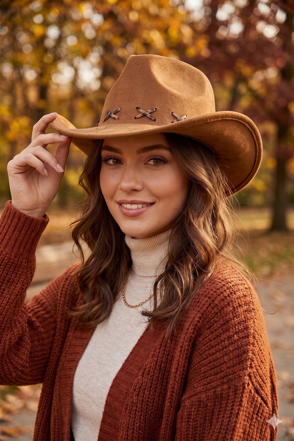 Faux Suede Cowboy Hat With Leopard Stitching