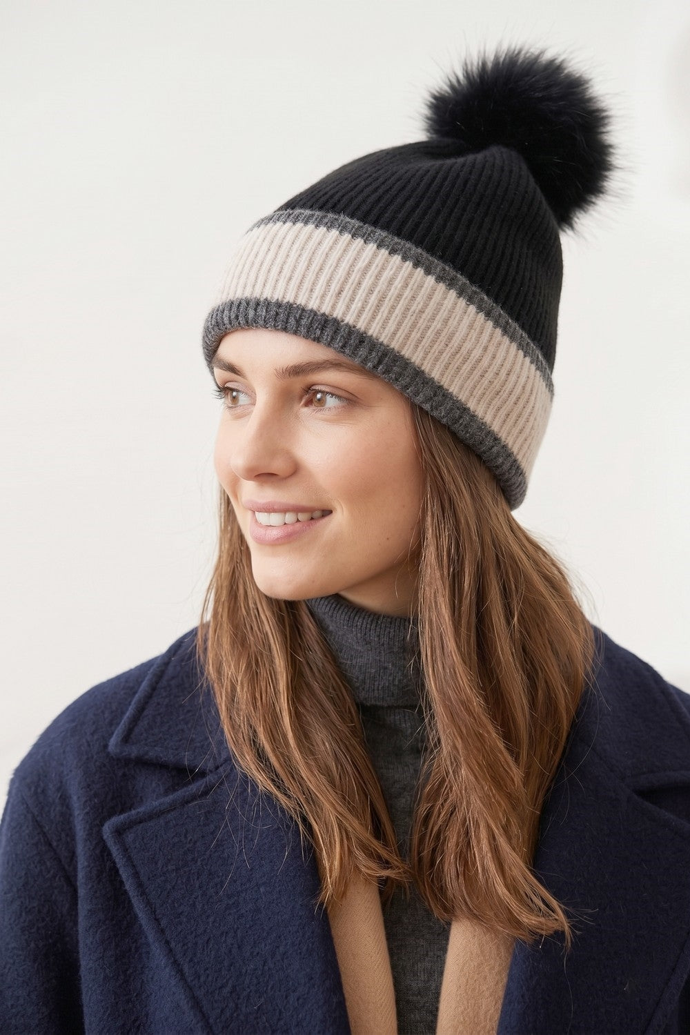 Ribbed Tri-Color Fleeced Beanie With Faux Fur Pompom