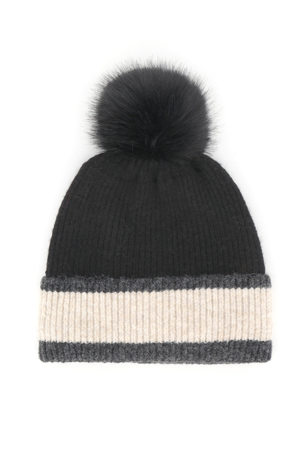 Ribbed Tri-Color Fleeced Beanie With Faux Fur Pompom