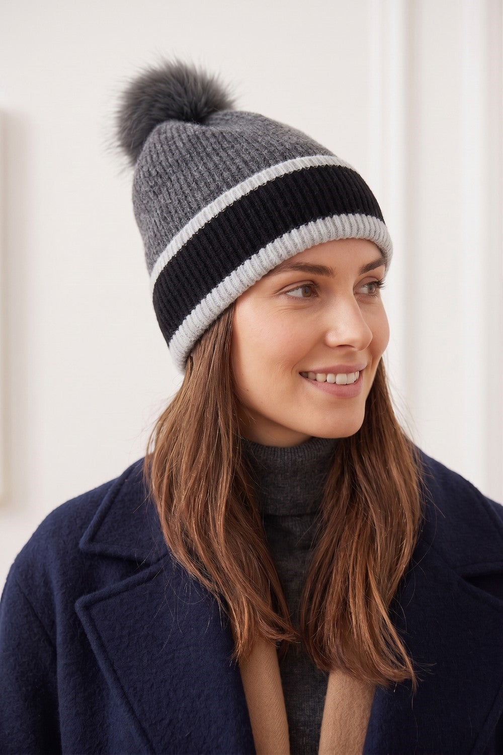 Ribbed Tri-Color Fleeced Beanie With Faux Fur Pompom