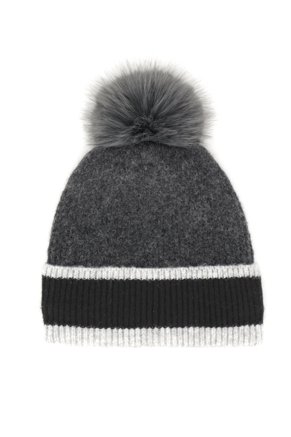 Ribbed Tri-Color Fleeced Beanie With Faux Fur Pompom