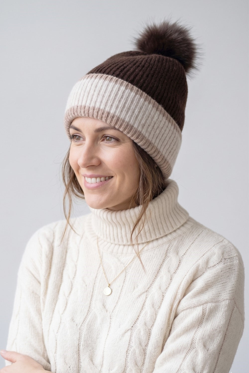 Ribbed Tri-Color Fleeced Beanie With Faux Fur Pompom