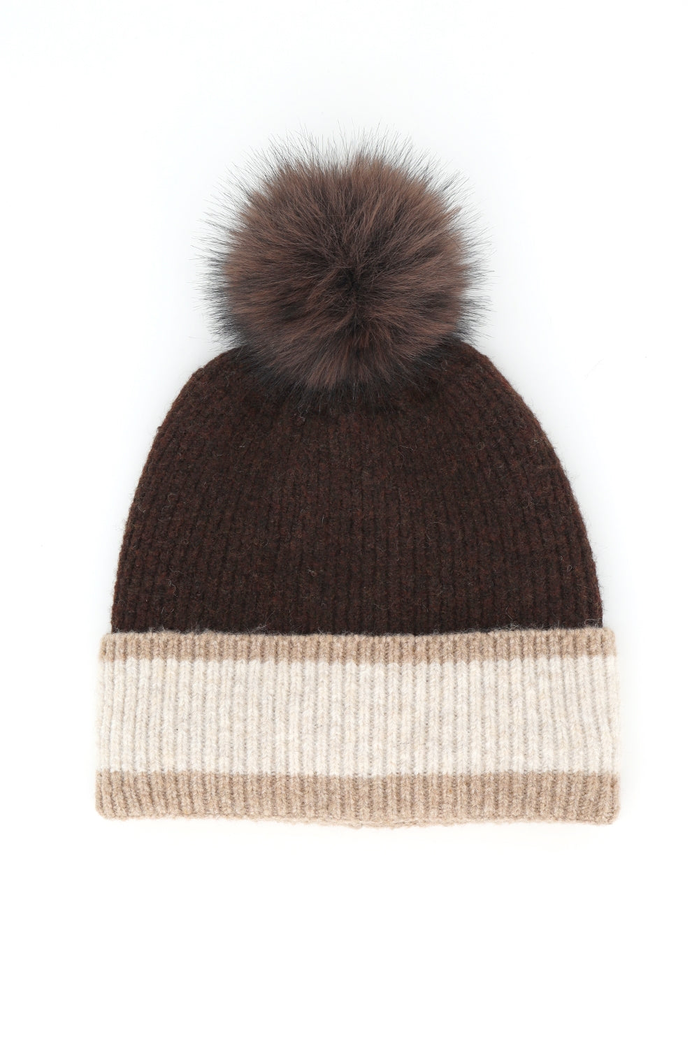 Ribbed Tri-Color Fleeced Beanie With Faux Fur Pompom