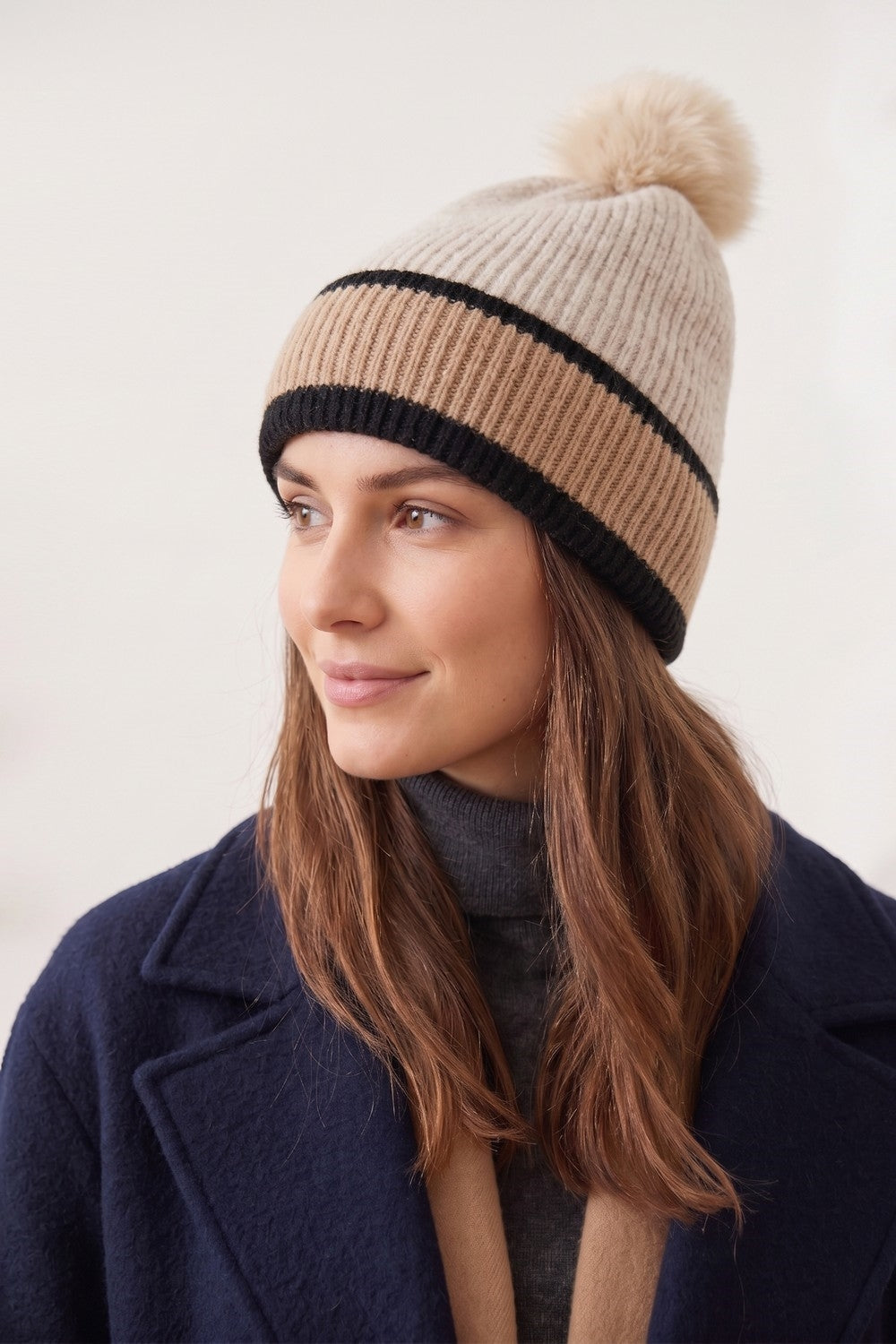 Ribbed Tri-Color Fleeced Beanie With Faux Fur Pompom