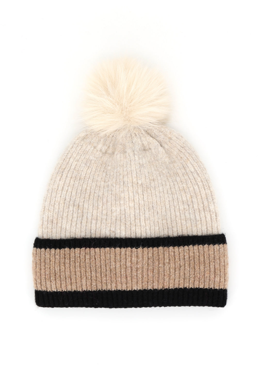 Ribbed Tri-Color Fleeced Beanie With Faux Fur Pompom
