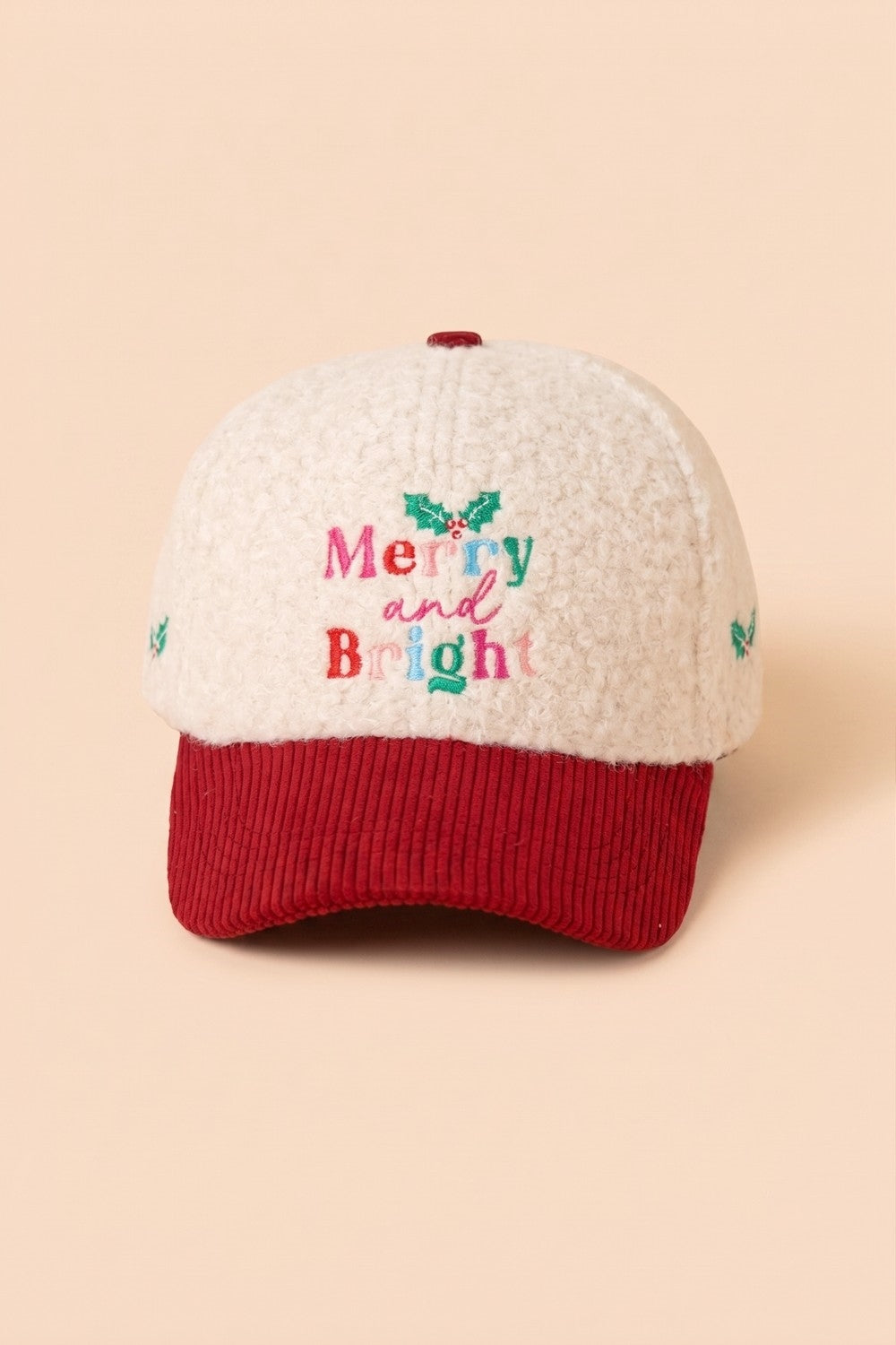 Merry And Bright Embroidered Sherpa And Corduroy Cap