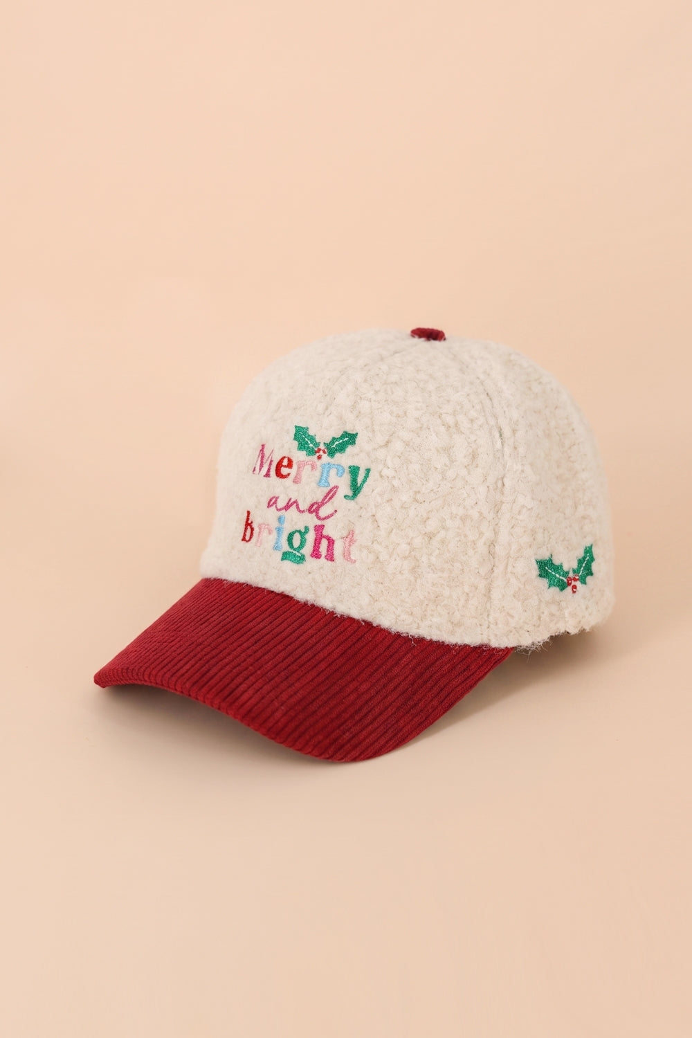 Merry And Bright Embroidered Sherpa And Corduroy Cap