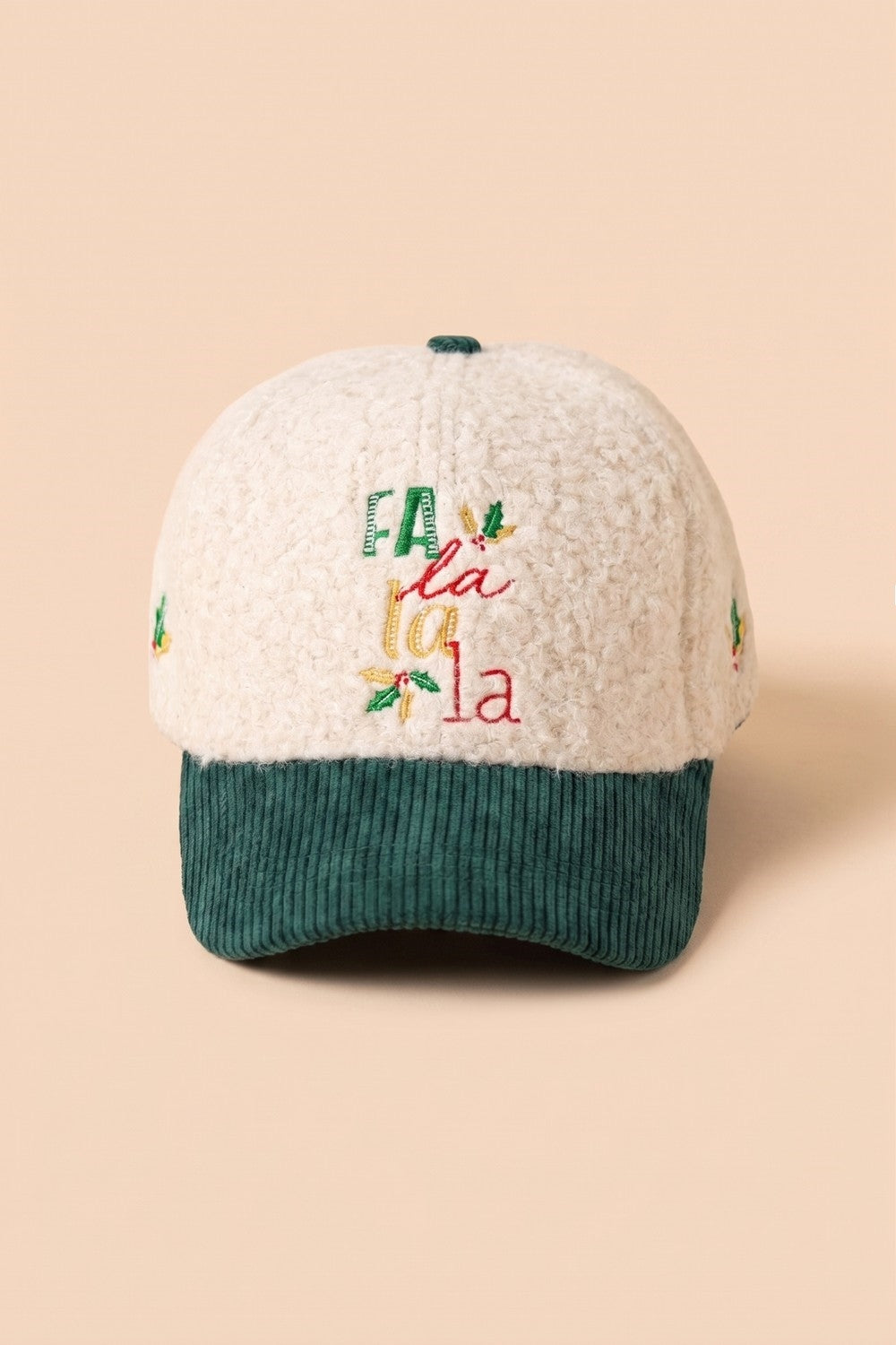 Fa La La Embroidered Sherpa And Corduroy Cap