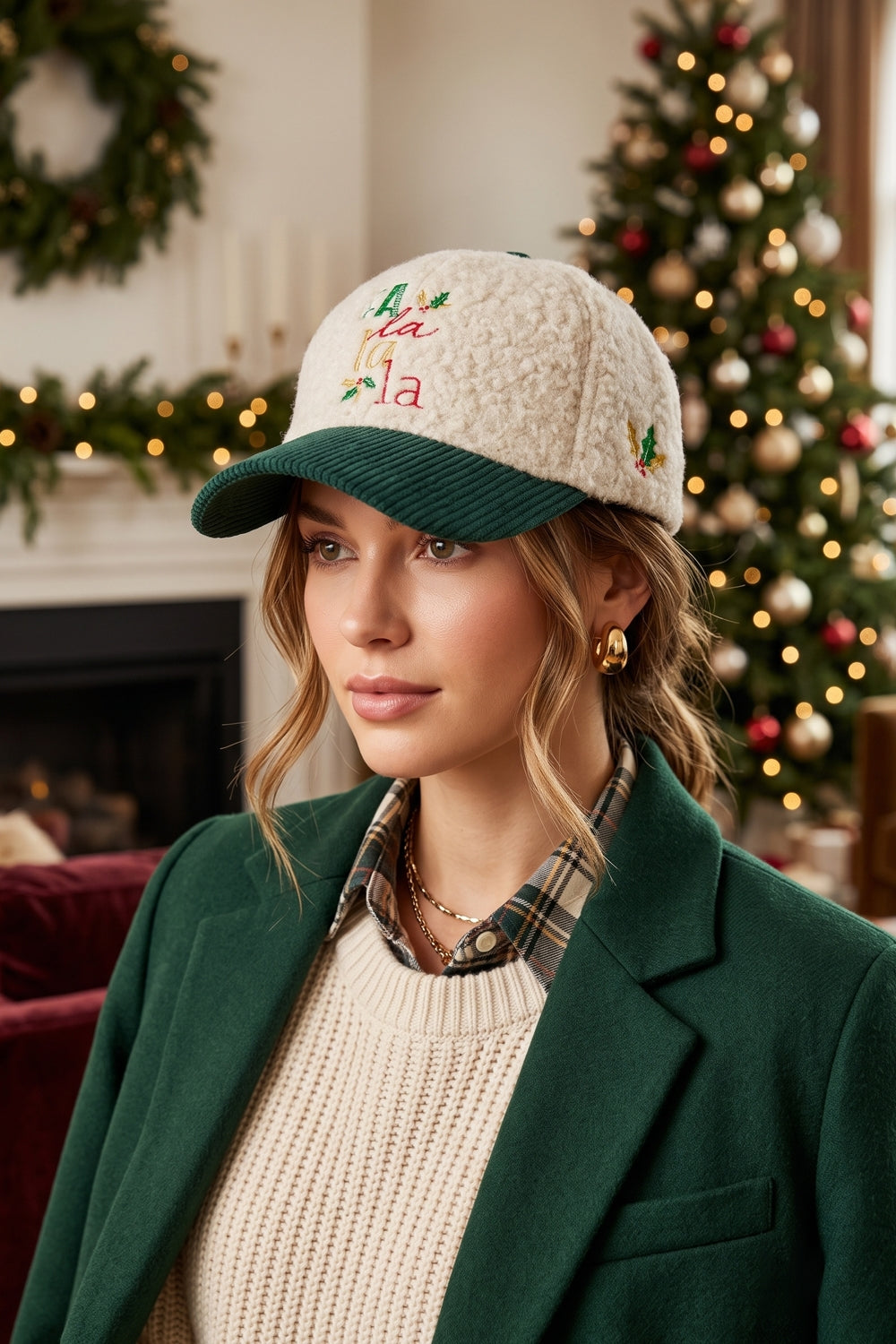 Fa La La Embroidered Sherpa And Corduroy Cap
