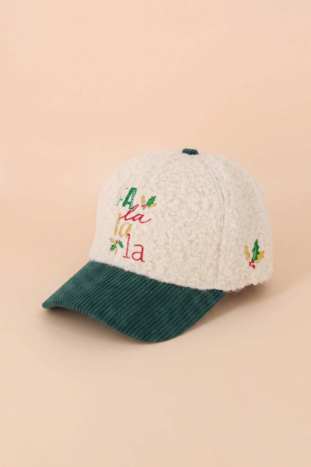 Fa La La Embroidered Sherpa And Corduroy Cap