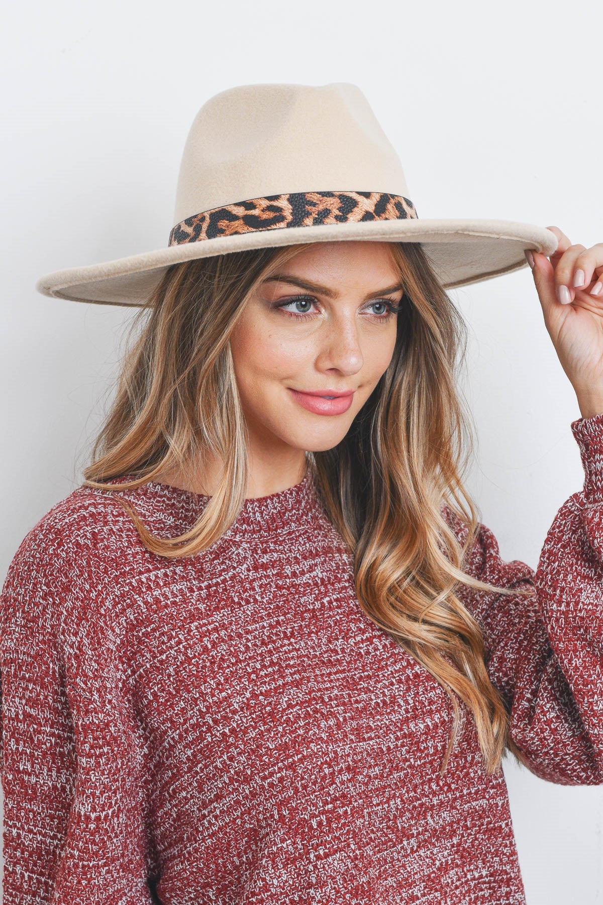 Leopard Trim Felt Brim Fashion Hat Ivory