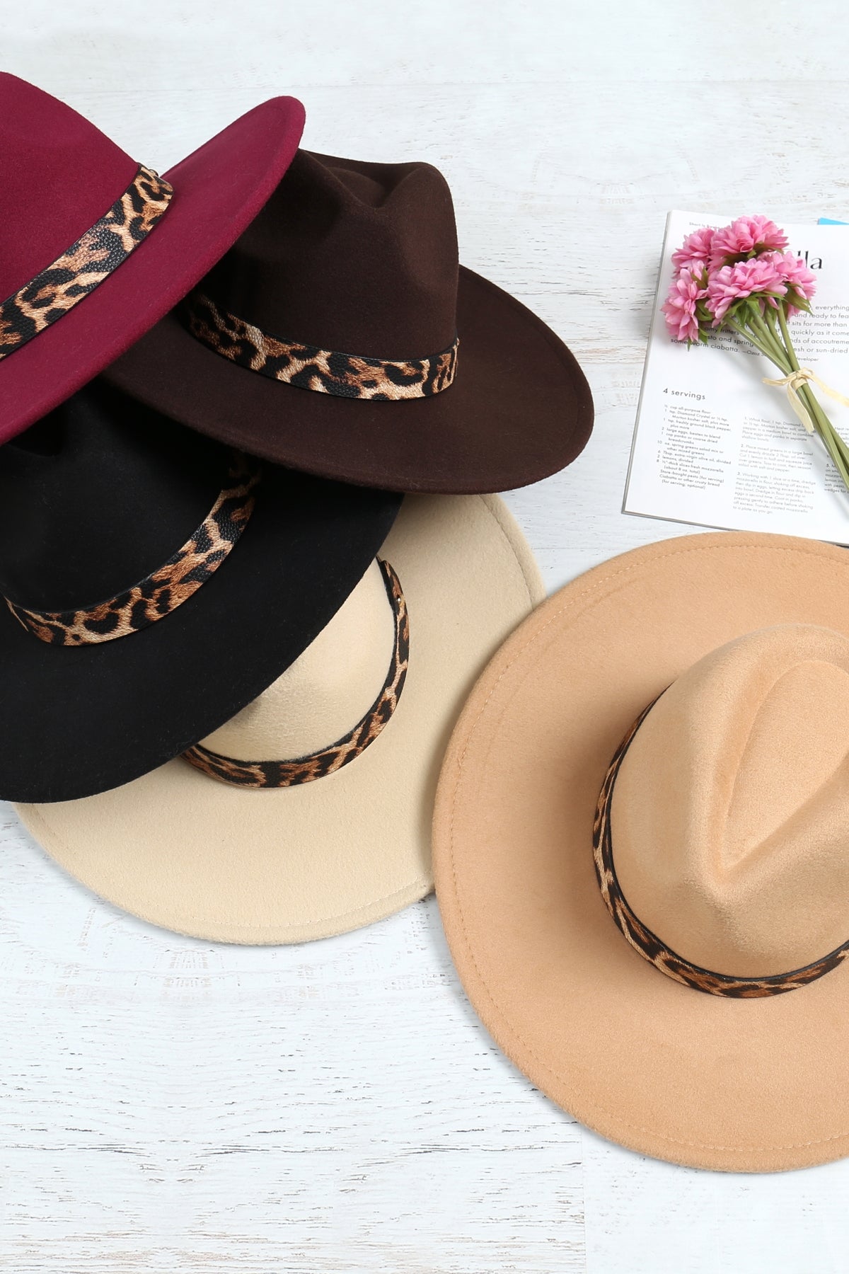 Leopard Trim Felt Brim Fashion Hat Ivory