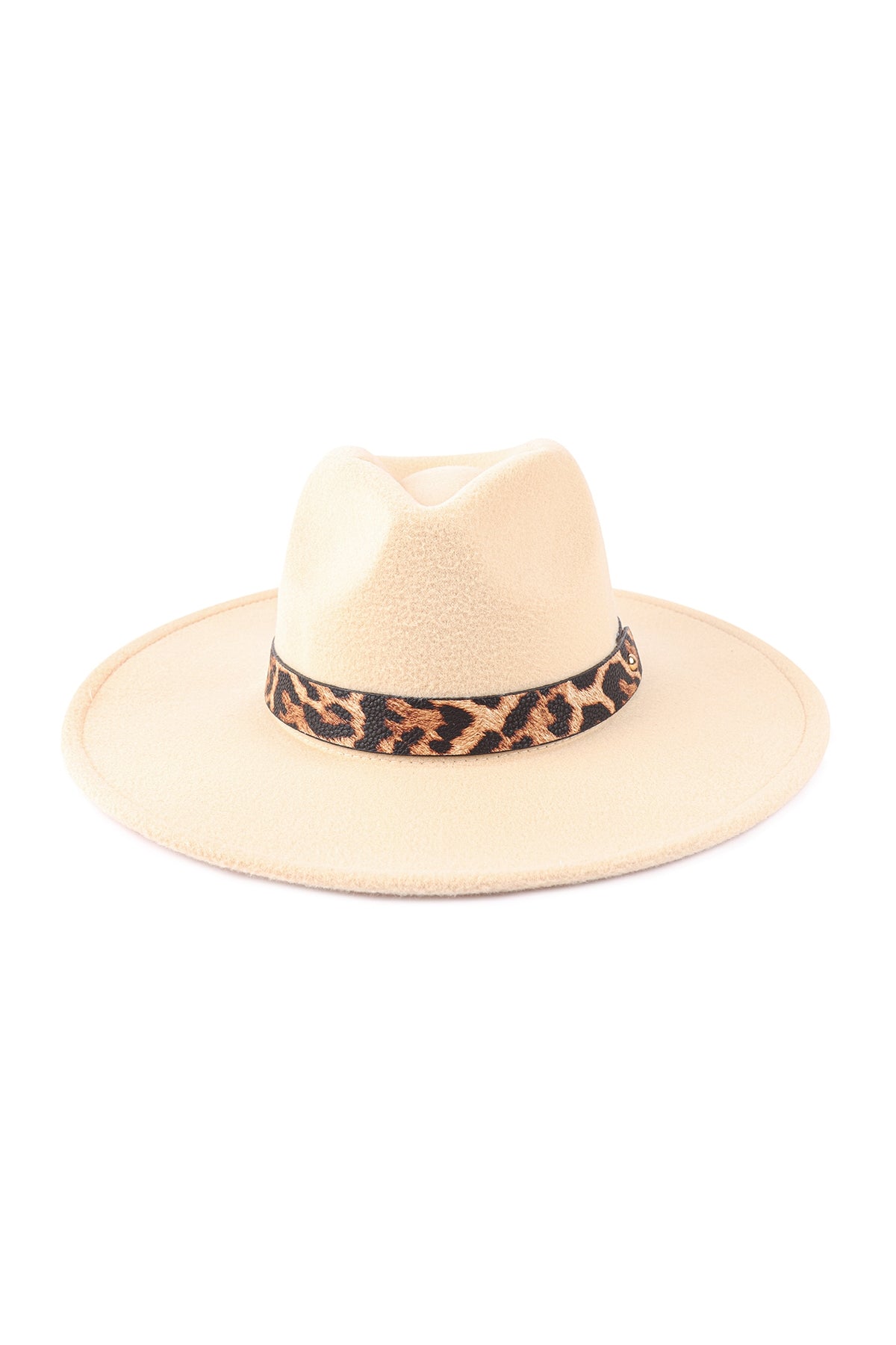 Leopard Trim Felt Brim Fashion Hat Ivory