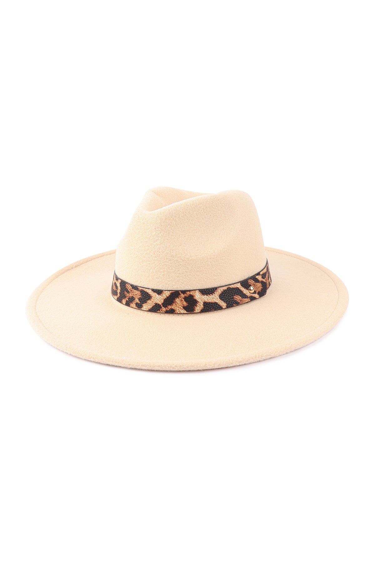 Leopard Trim Felt Brim Fashion Hat Ivory