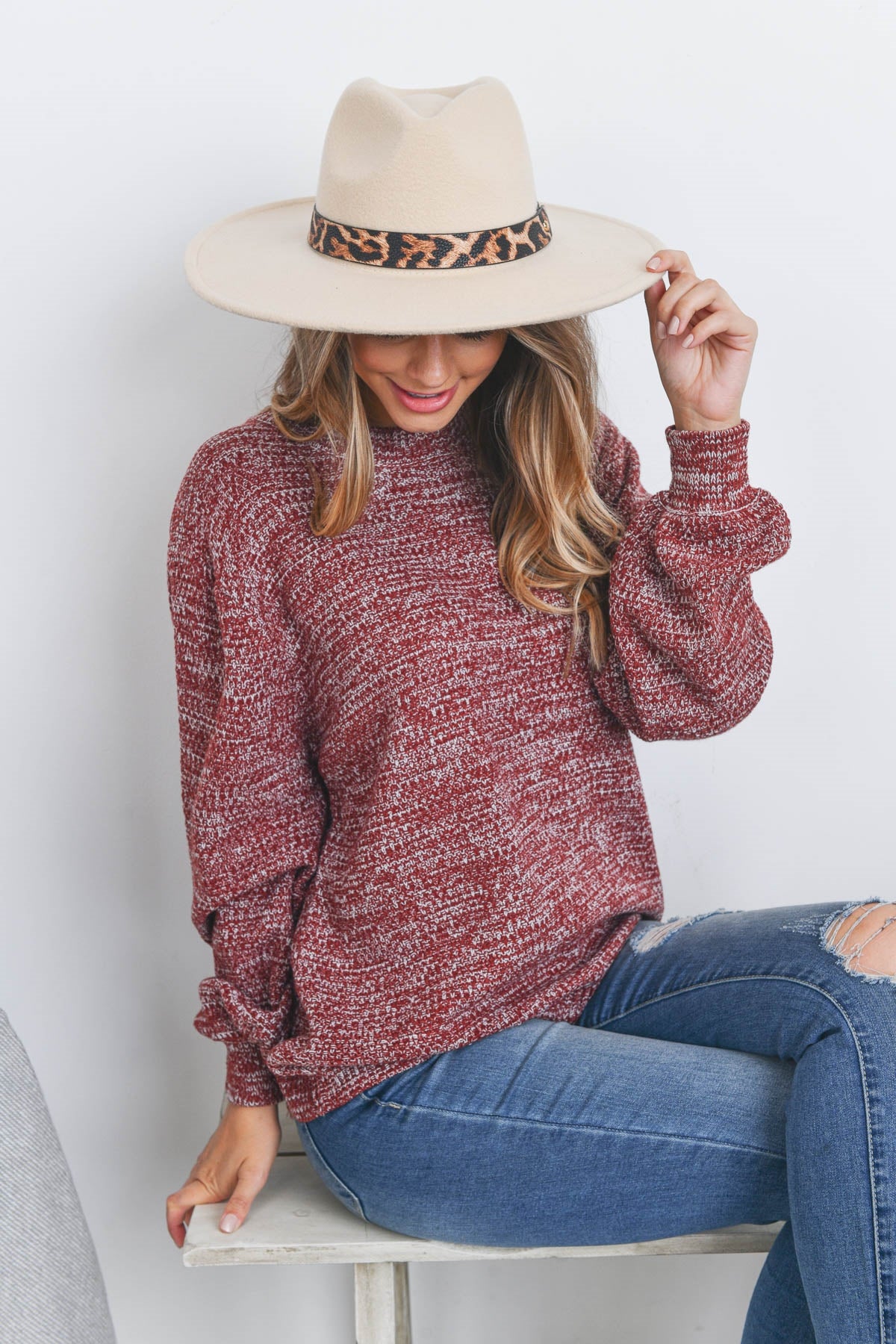 Leopard Trim Felt Brim Fashion Hat Ivory