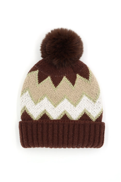 Chevron Pompom Fuzzy Fleece Beanie