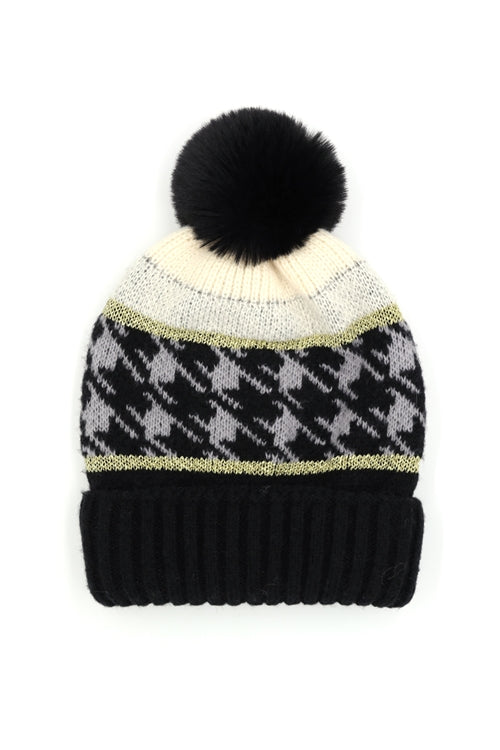 Houndstooth Beanie With Pompom