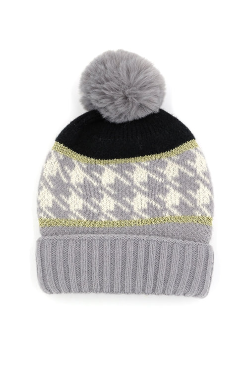 Houndstooth Beanie With Pompom