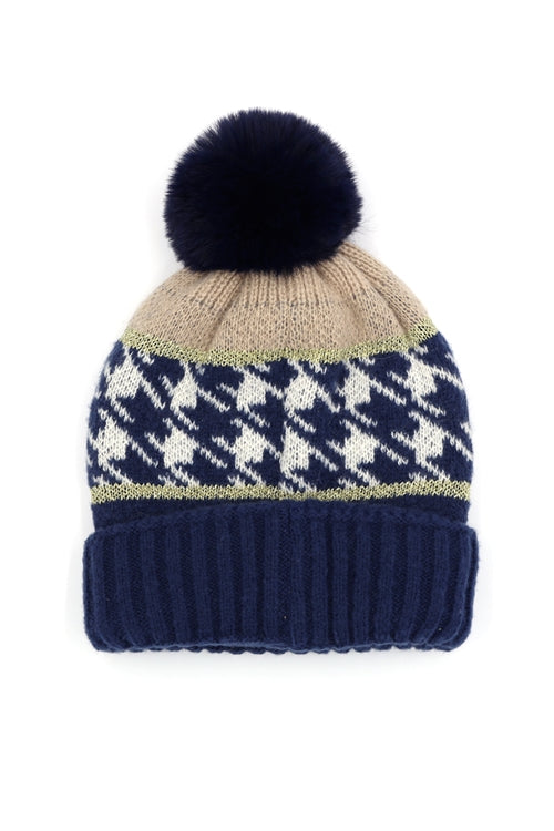 Houndstooth Beanie With Pompom