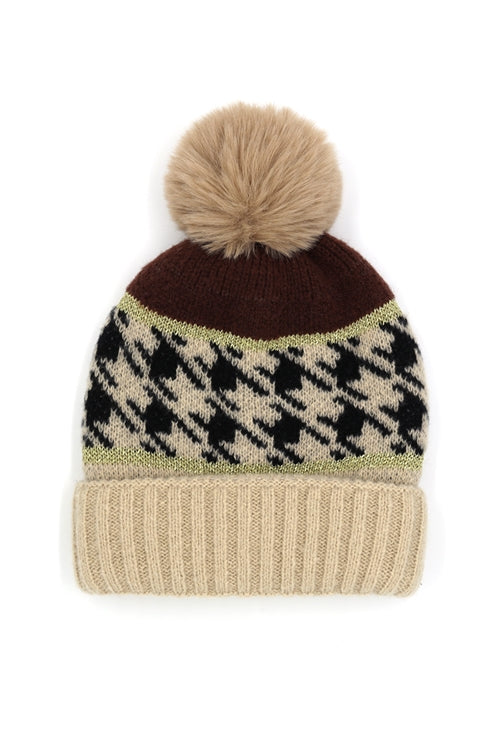 Houndstooth Beanie With Pompom