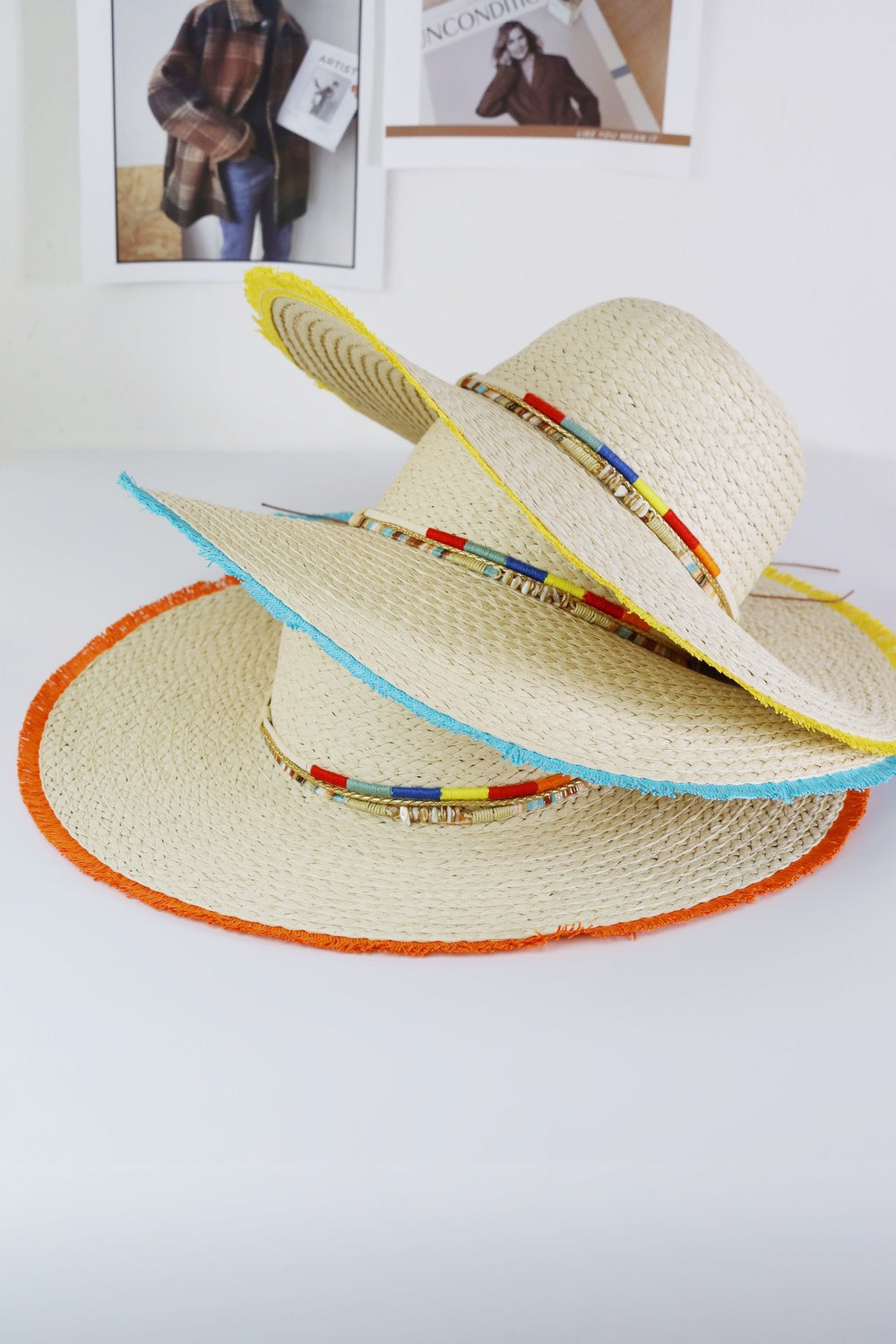 Colored Frayed Floppy Straw Hat With Multi Bands
