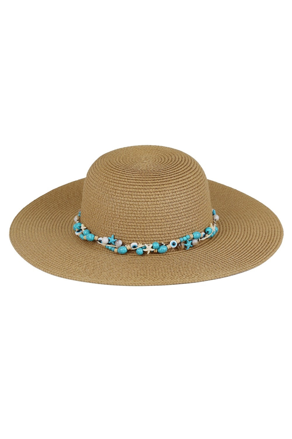Straw Sun Hat With Evil Eye, Starfish And Bead Band