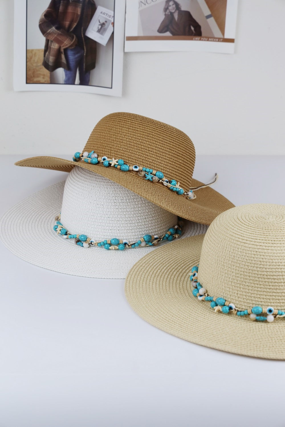 Straw Sun Hat With Evil Eye, Starfish And Bead Band