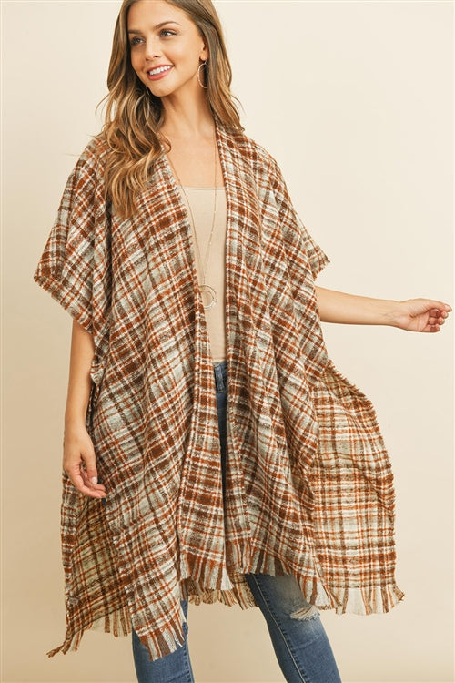 Knee Length Tartan Plaid Fringe Kimono